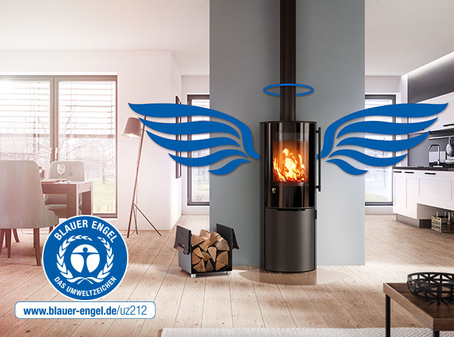 Stove with blue wings and the Blue Angel eco-label